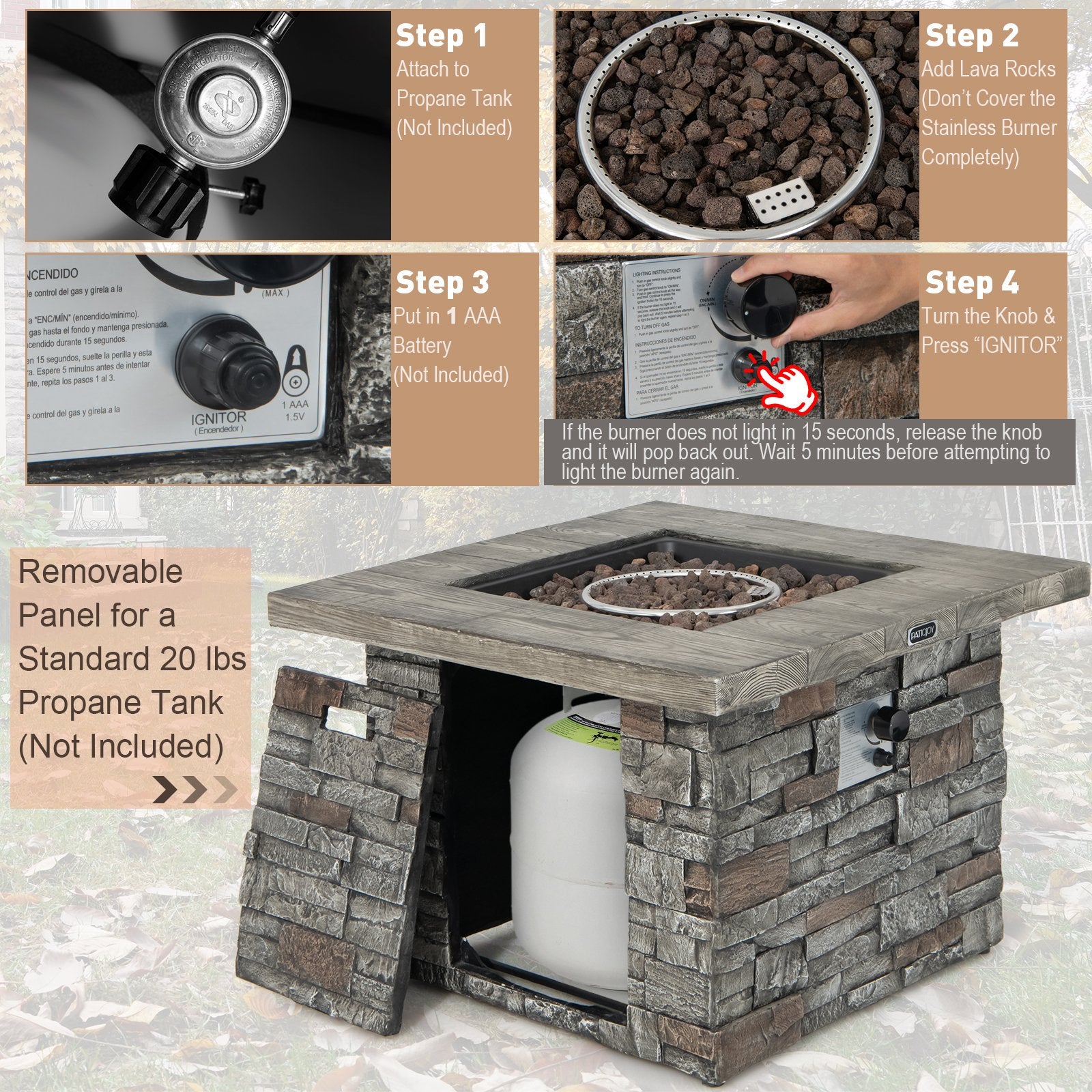 34.5 Inch Square Propane Gas Fire Pit Table with Lava Rock and PVC Cover, Gray at Gallery Canada