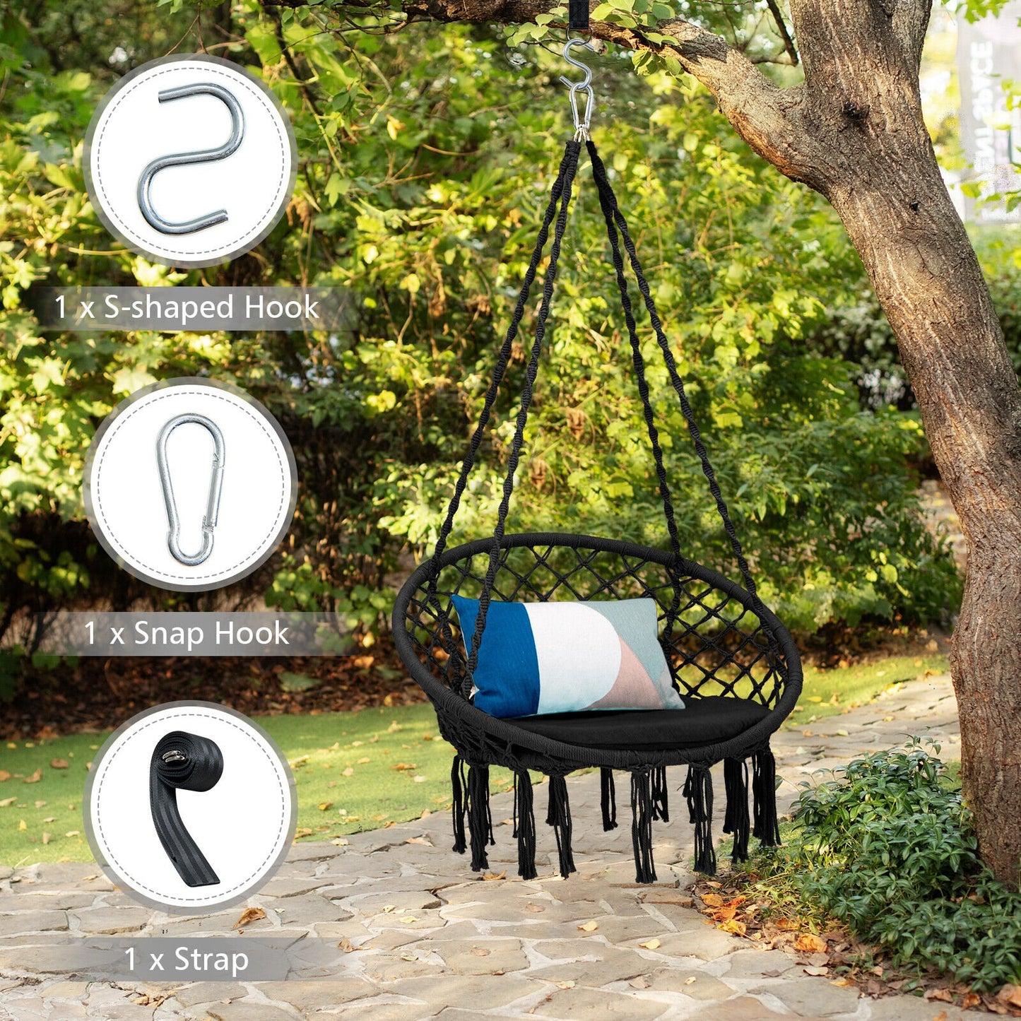Cushioned Hammock Swing Chair with Hanging Kit, Black