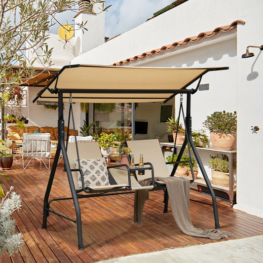 2-Seat Outdoor Porch Swing, Adjustable Canopy, Tempered Glass Table, Beige Porch Swings Beige at Gallery Canada