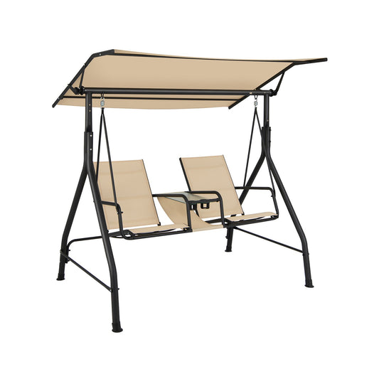 2-Seat Outdoor Cushioned Porch Swing with Adjustable Canopy and Tempered Glass Table, Beige