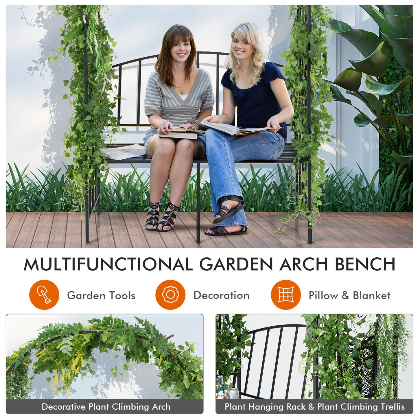 Steel Garden Arch With 2-Seat Bench, Black Outdoor Benches at Gallery Canada