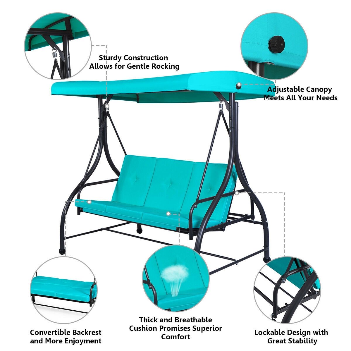 3 Seats Converting Outdoor Swing Canopy Hammock with Adjustable Tilt Canopy, Turquoise at Gallery Canada