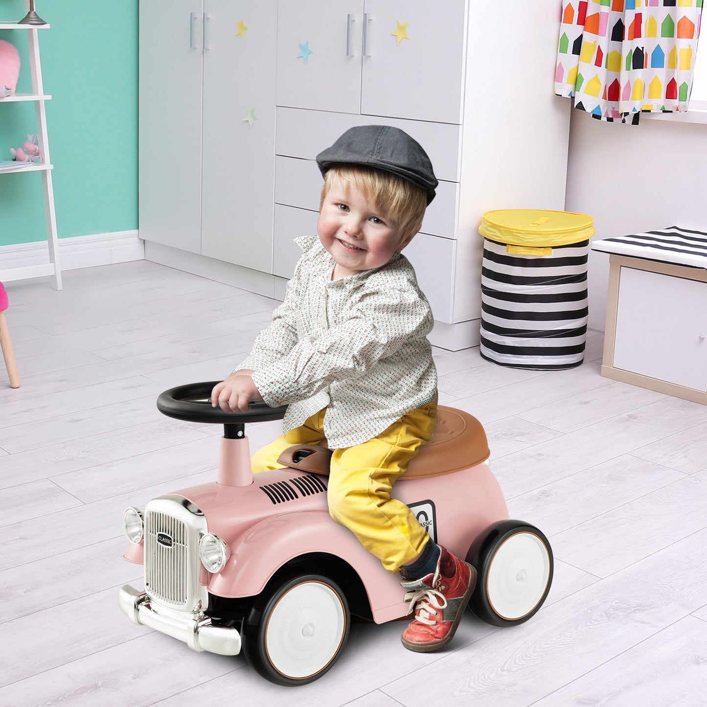 Kids Sit to Stand Vehicle with Working Steering Wheel and Under Seat Storage, Pink