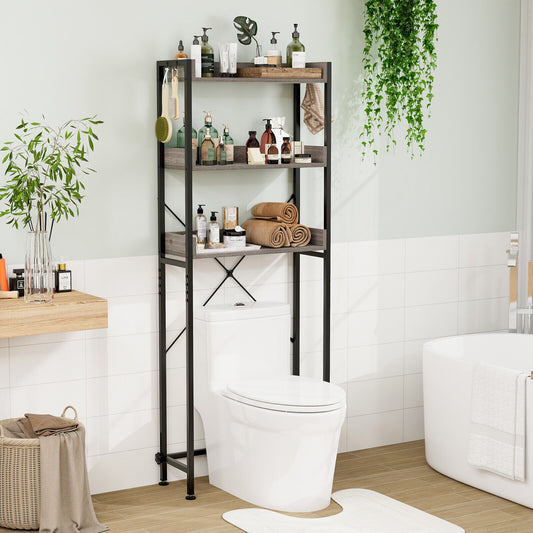 Étagère de rangement au-dessus des toilettes avec crochets, barre inférieure réglable, gris