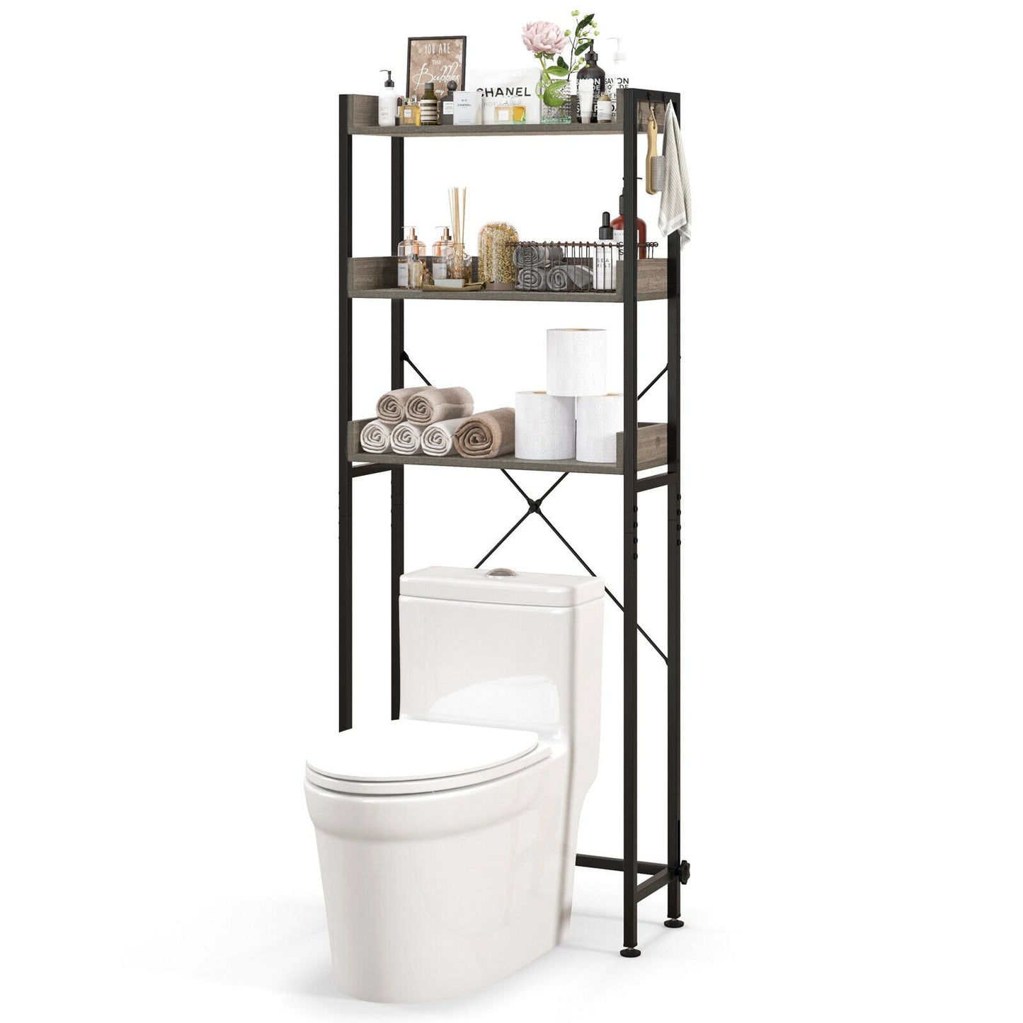 Over The Toilet Storage Rack with Hooks and Adjustable Bottom Bar, Gray