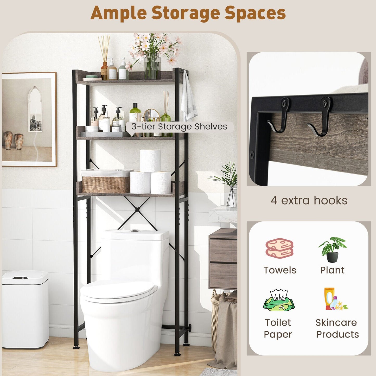 Over The Toilet Storage Rack with Hooks and Adjustable Bottom Bar, Gray