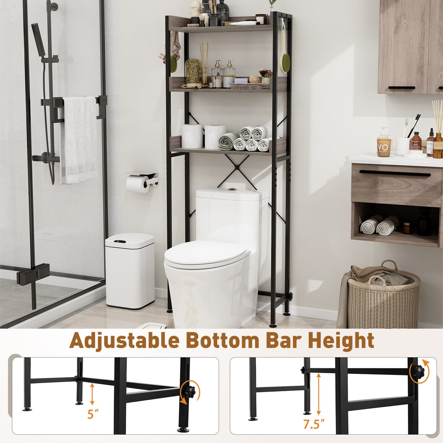 Over The Toilet Storage Rack with Hooks and Adjustable Bottom Bar, Gray Bathroom Etagere at Gallery Canada