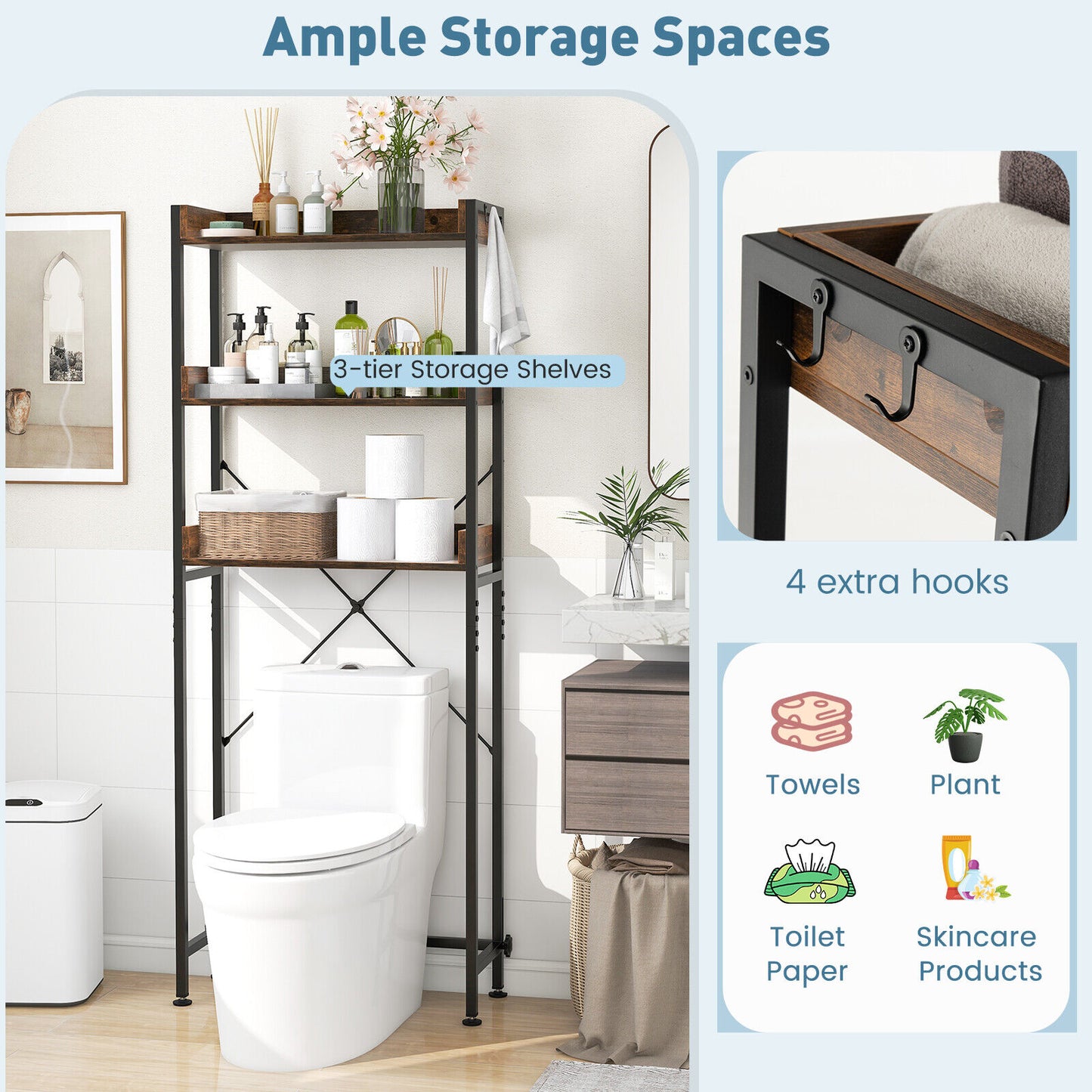 Over The Toilet Storage Rack With Hooks, Adjustable Bottom Bar, Brown Bathroom Etagere at Gallery Canada