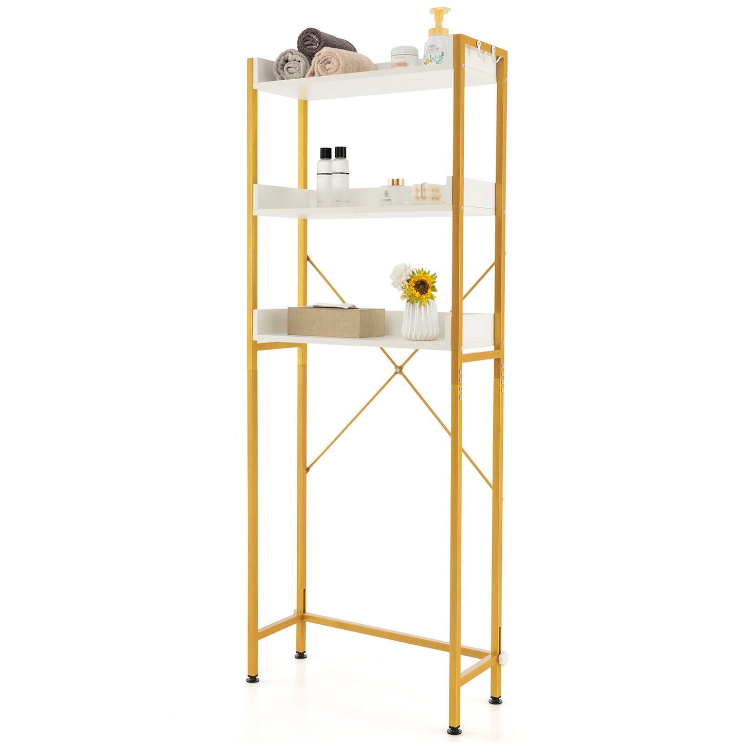 Over The Toilet Storage Rack with Hooks and Adjustable Bottom Bar, White