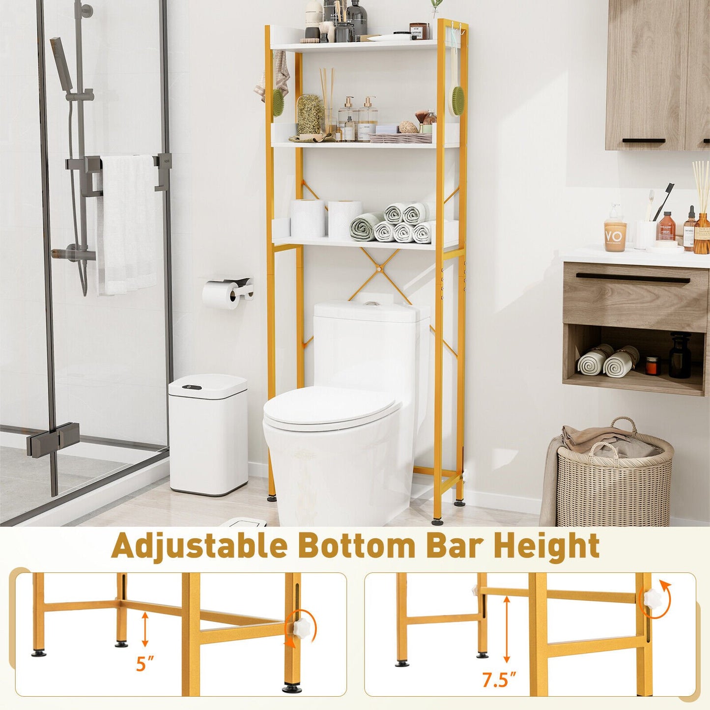 Over The Toilet Storage Rack with Hooks and Adjustable Bottom Bar, White