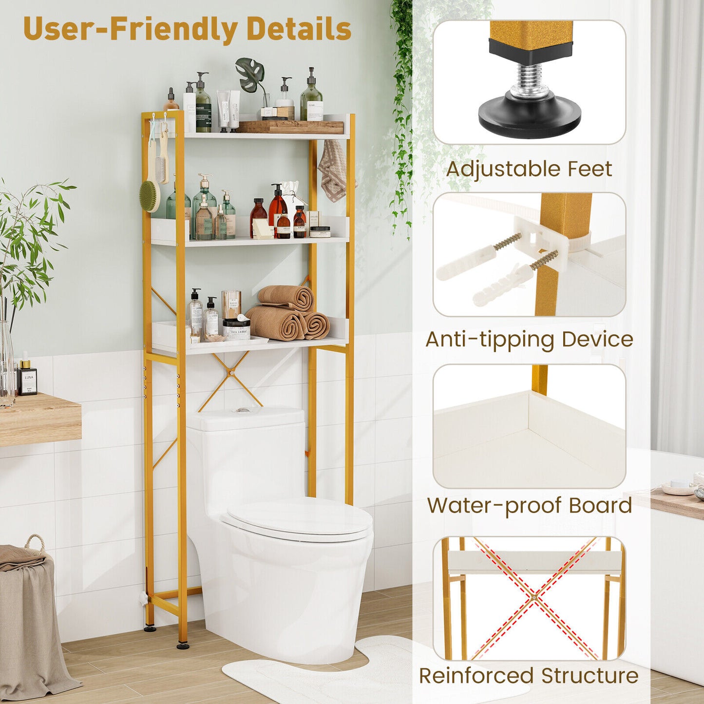 Over The Toilet Storage Rack, Adjustable Bottom Bar, Hooks, White Bathroom Etagere at Gallery Canada