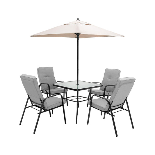 6 Pieces Patio Dining Set with Umbrella and Stackable Cushioned Chairs, Gray at Gallery Canada