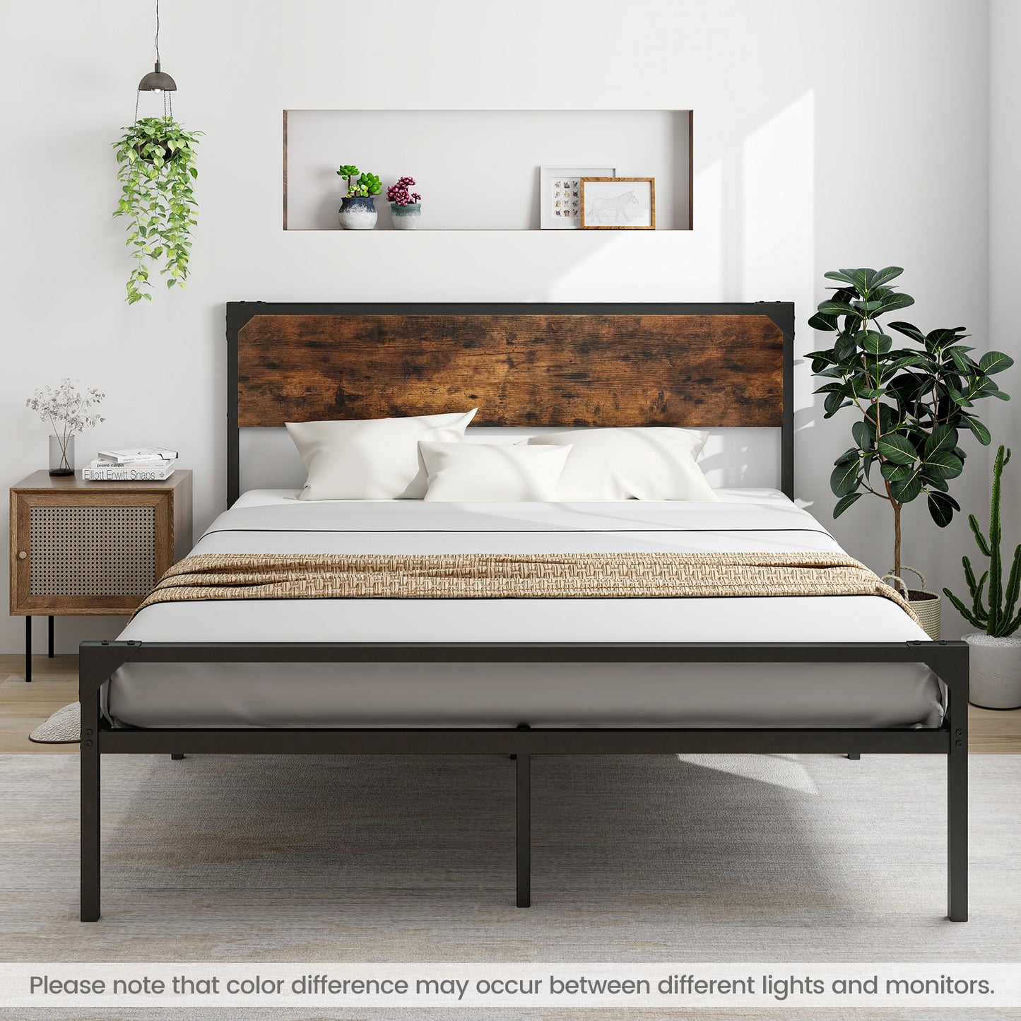 Queen Platform Bed, Rustic Headboard Footboard, Black Simple Bed Frame at Gallery Canada