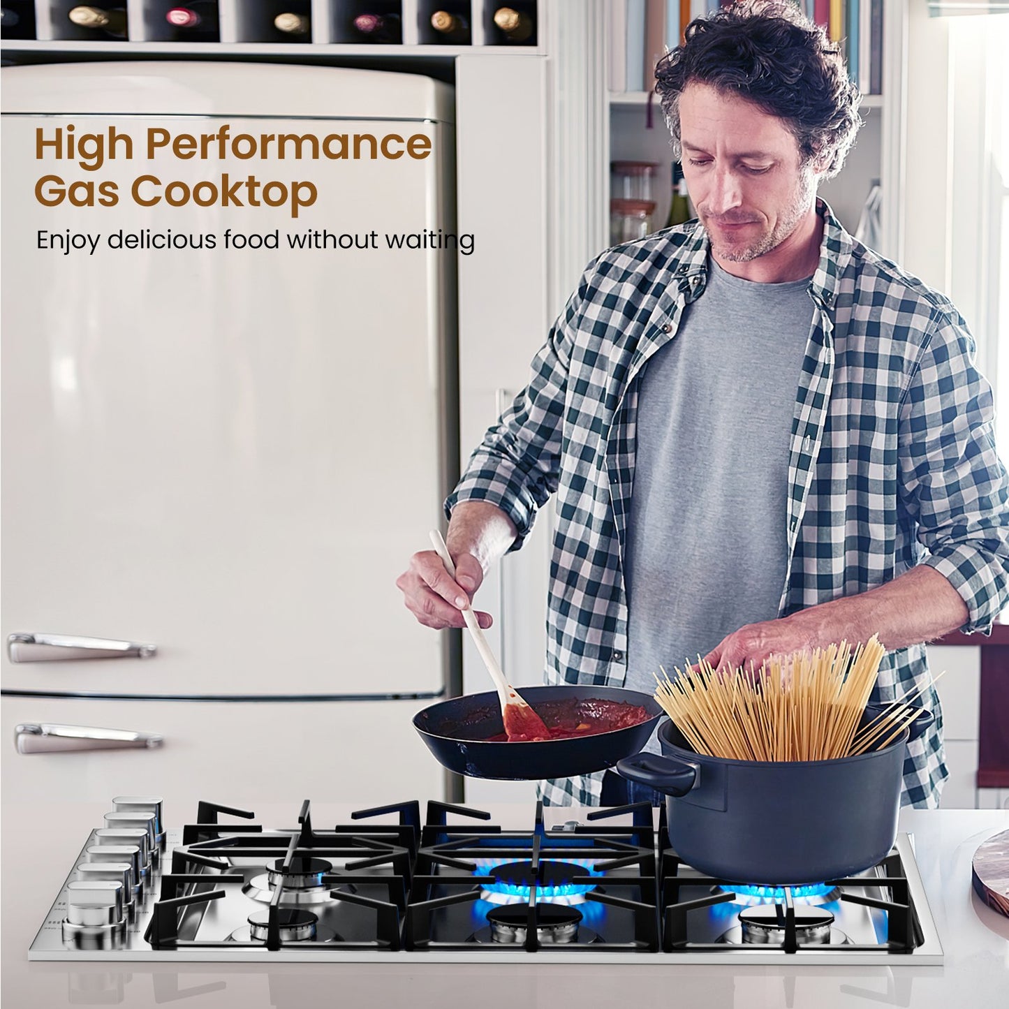 30/36 Inch Gas Cooktop with 4/6 Powerful Burners and ABS Knobs-36 inches, Silver