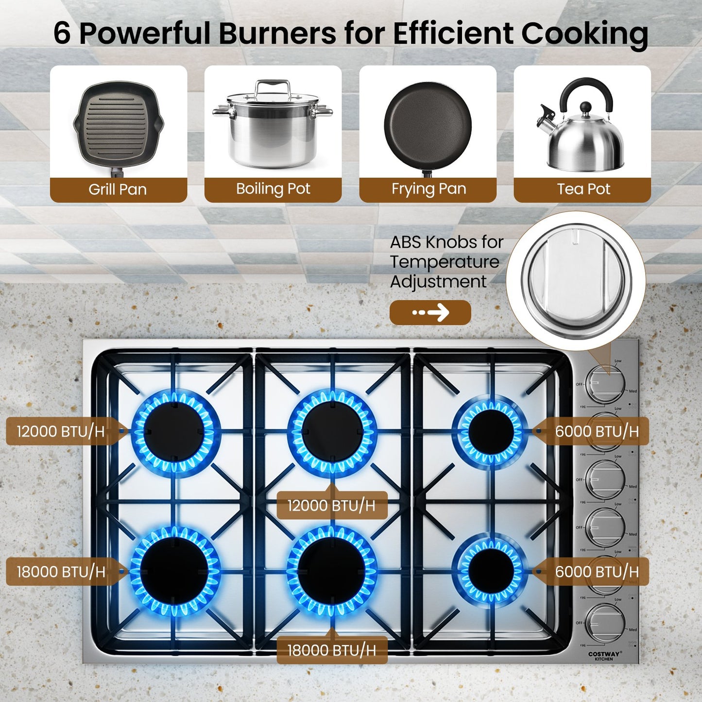 30/36 Inch Gas Cooktop with 4/6 Powerful Burners and ABS Knobs-36 inches, Silver