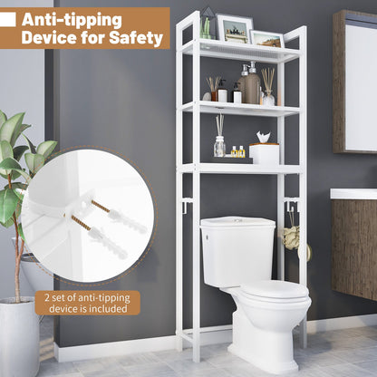 Over-The-Toilet Storage Shelf Space Saving Metal Bathroom Organizer Hooks, White