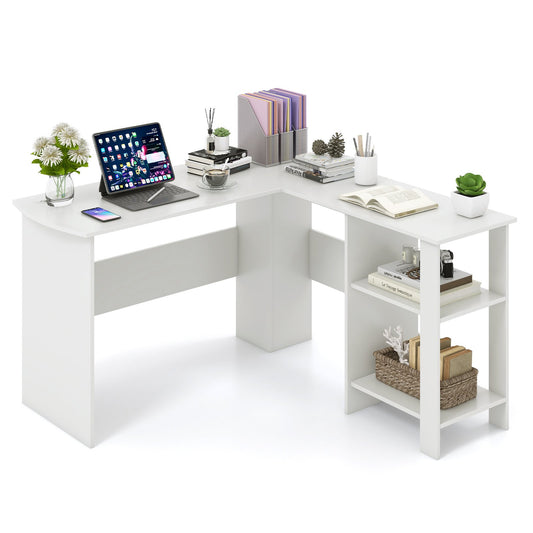 Large Modern L-shaped Computer Desk with 2 Cable Holes and 2 Storage Shelves, White