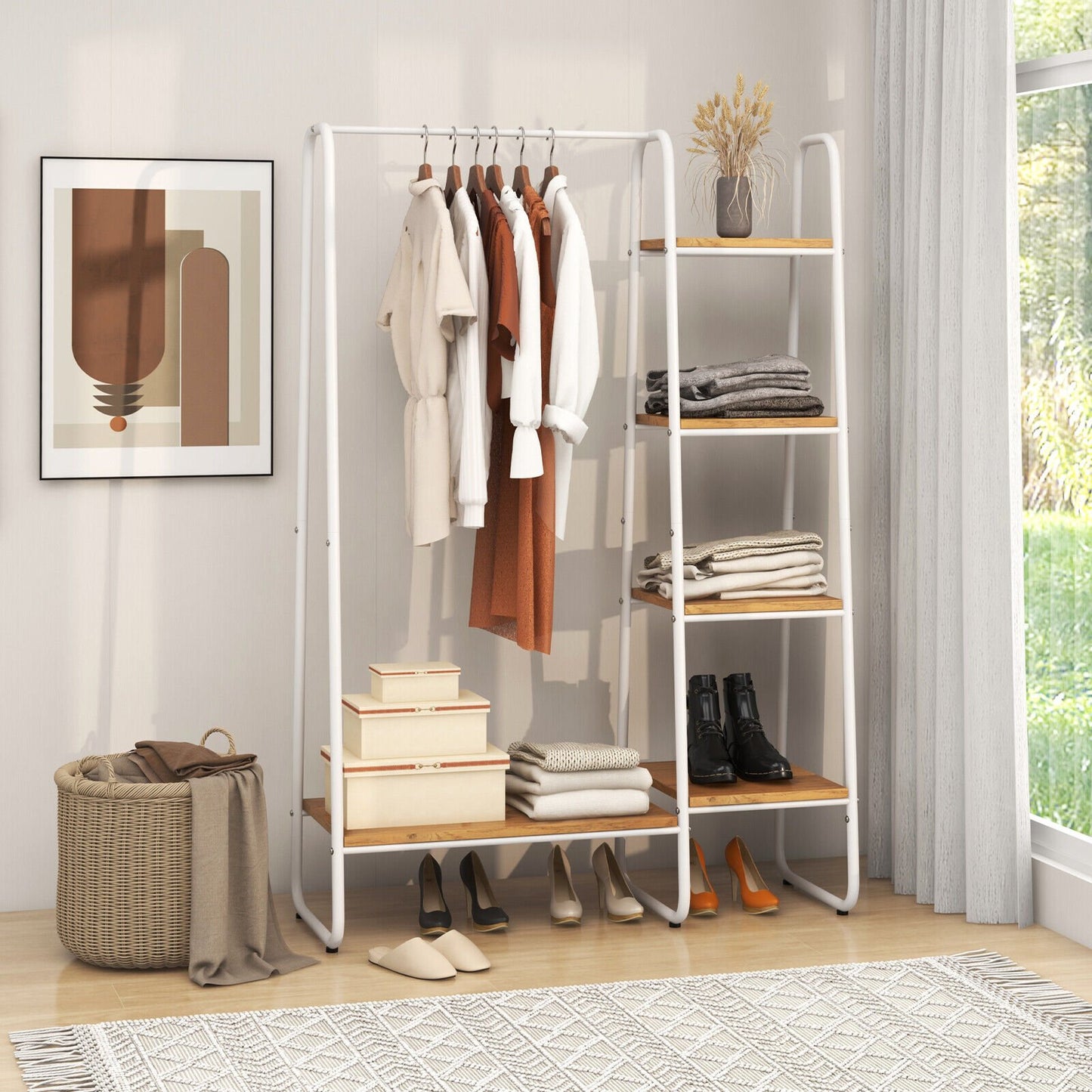 Clothes Rack Free Standing Storage Tower with Metal Frame, Natural at Gallery Canada