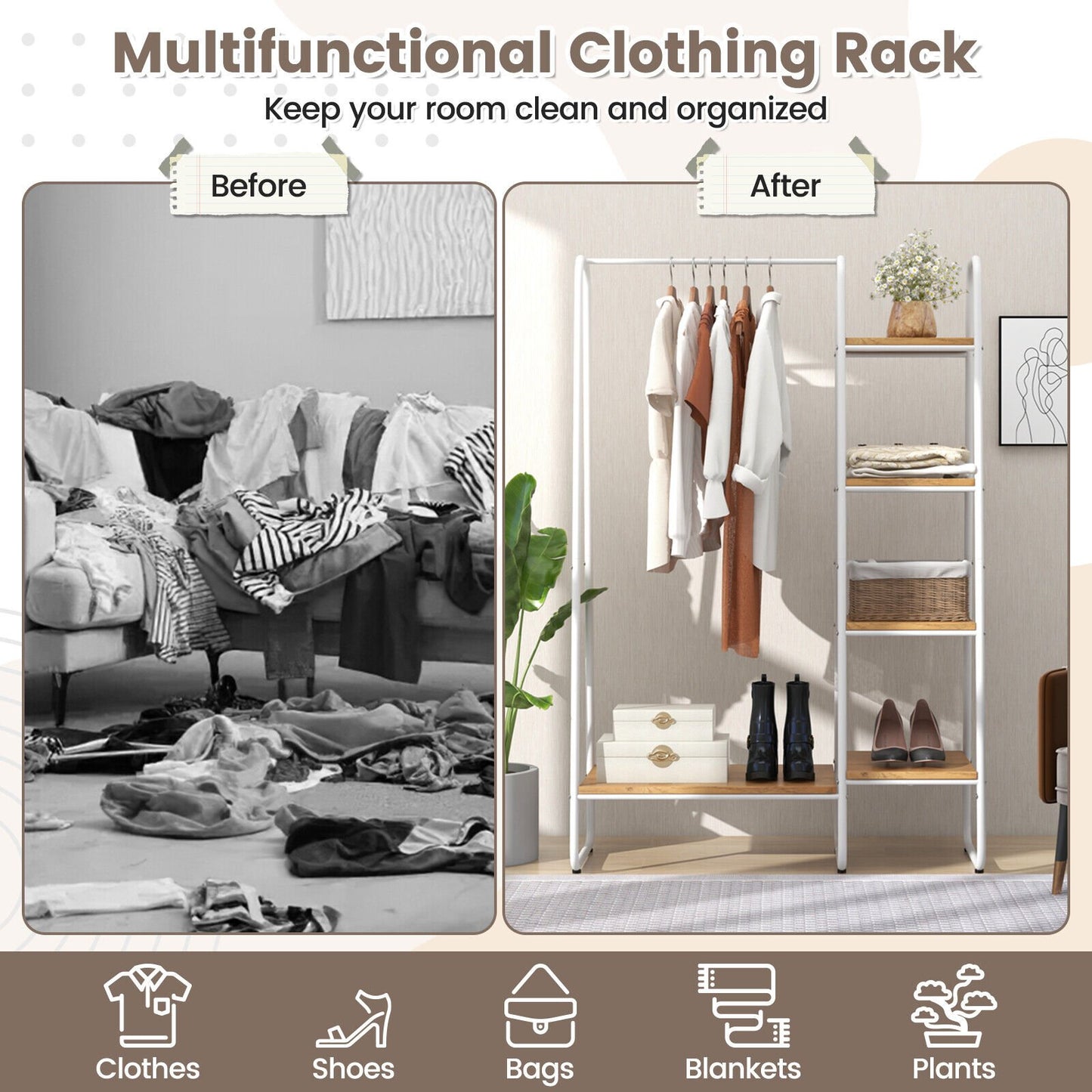 Clothes Rack Free Standing Storage Tower with Metal Frame, Natural