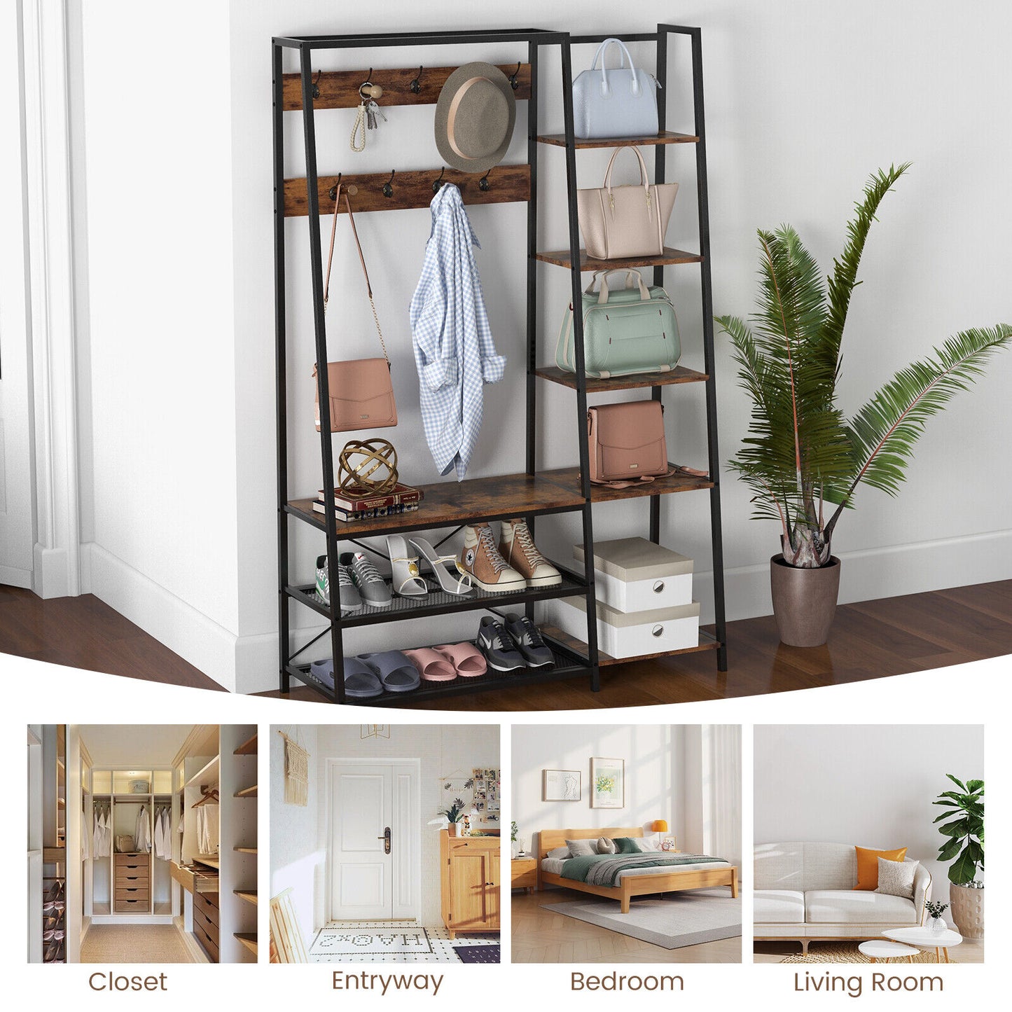 5-In-1 Entryway Hall Tree, Storage Bench, 9 Hooks, Brown Coat Racks & Hall Trees at Gallery Canada