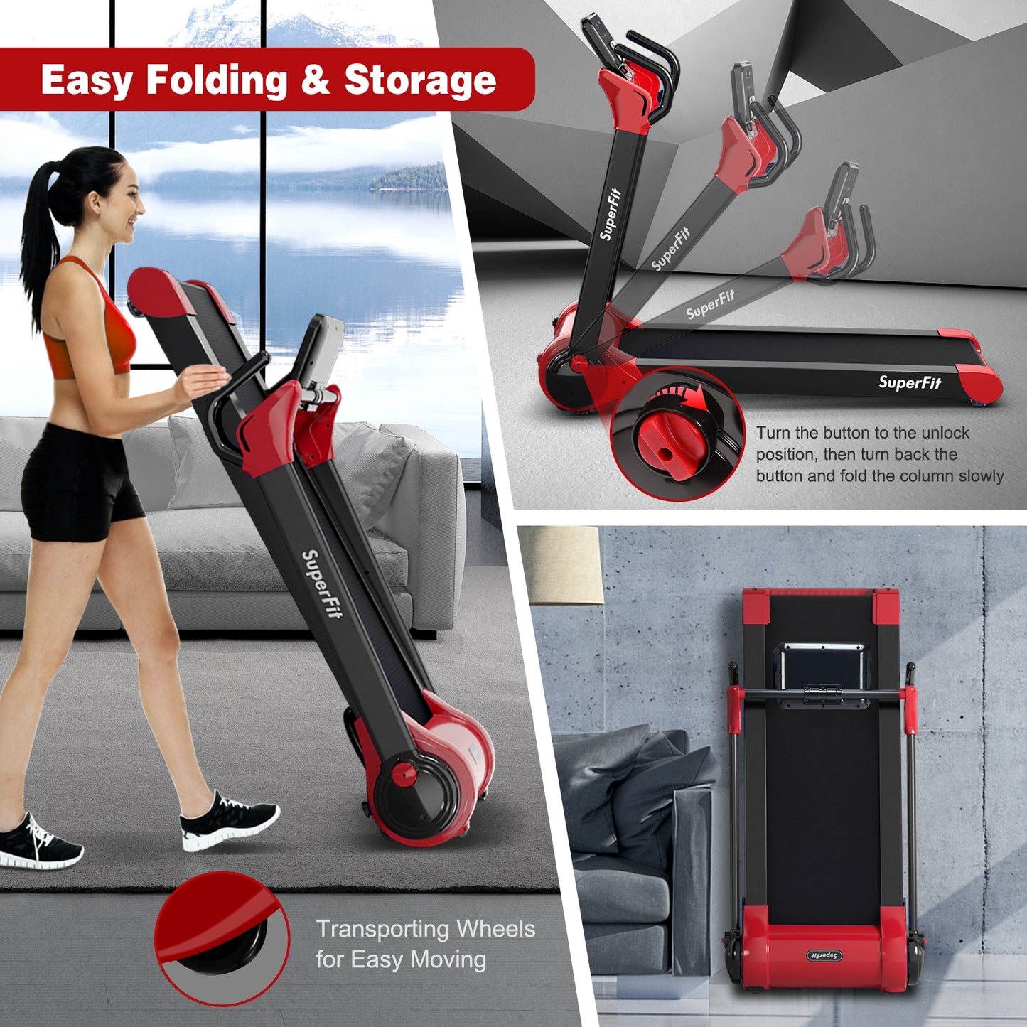 2.25 HP Electric Motorized Folding Running Treadmill Machine with LED Display and APP Control, Red Treadmills at Gallery Canada