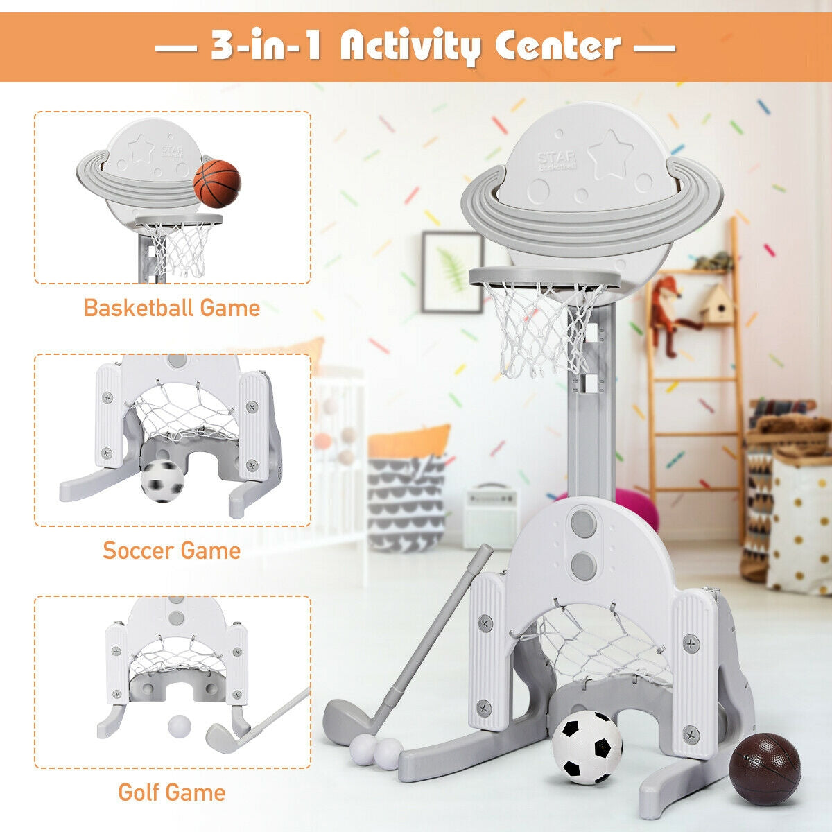 3 in 1 Kids Basketball Hoop Set with Balls, White Toy Sports at Gallery Canada