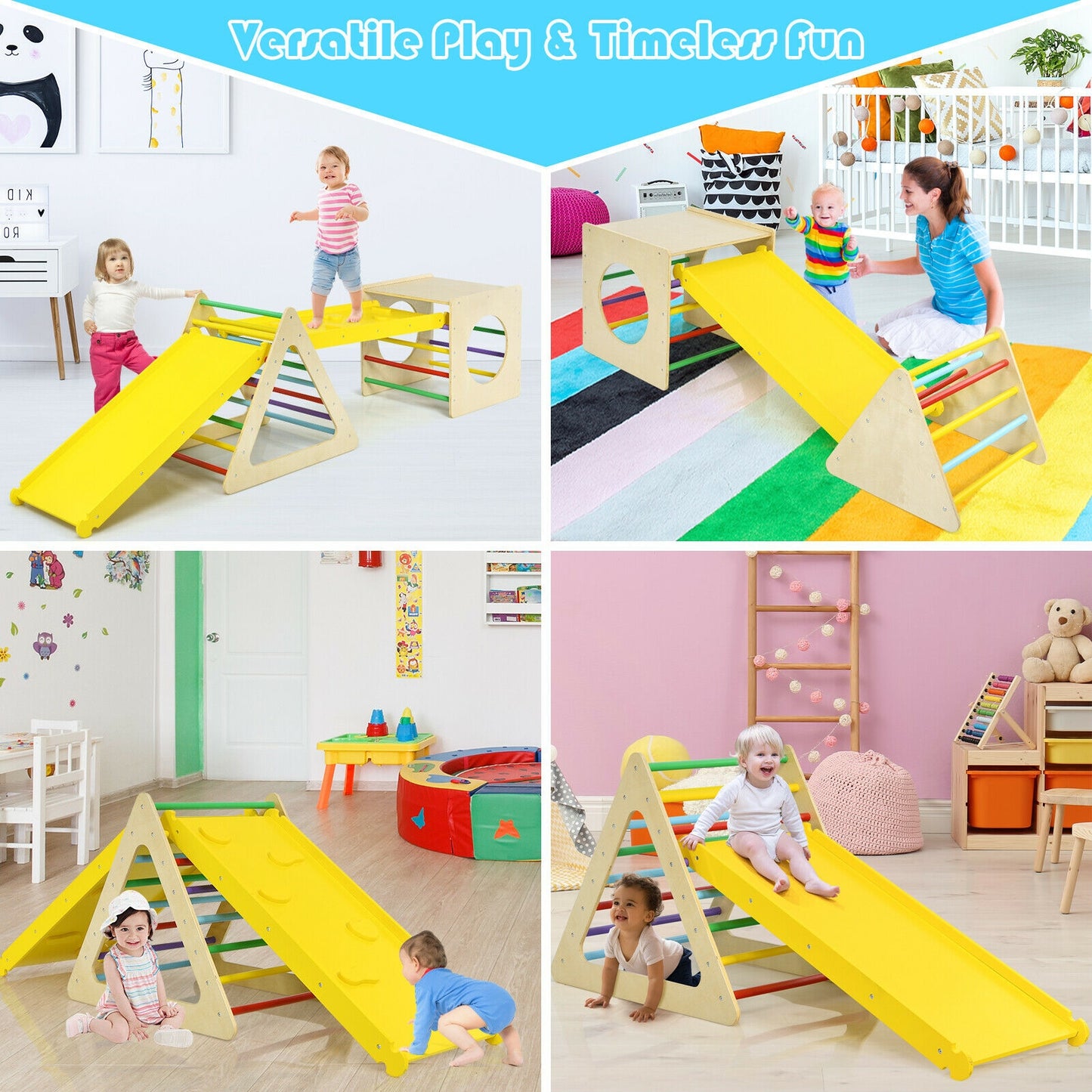 5 in 1 Kids Triangle Climber Play Gym Set with 2 Ramps, Natural Climbers & Slides at Gallery Canada