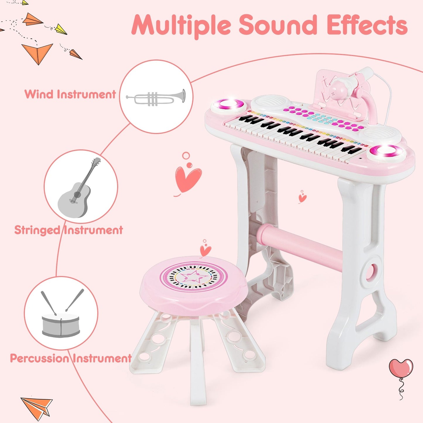 37-key Kids Electronic Piano Keyboard Playset, Pink