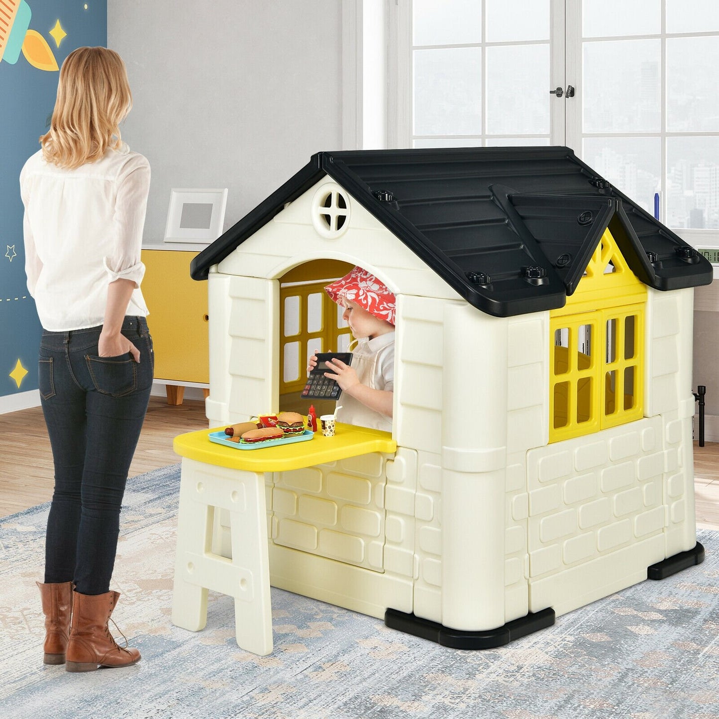 Kid’s Playhouse Pretend Toy House For Boys and Girls 7 Pieces Toy Set, Yellow