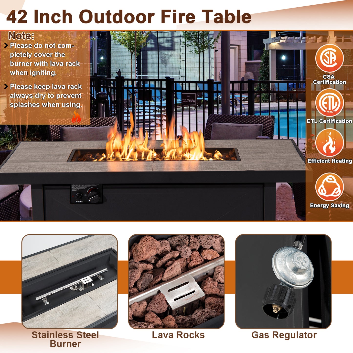 42 Inch 60000 BTU Propane Fire Pit Table, Ceramic Tabletop, Black Fire Pits at Gallery Canada