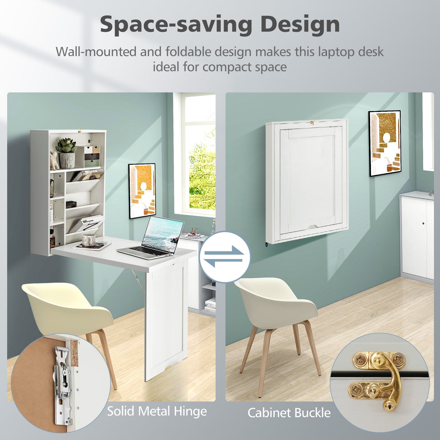 Wall Mounted Fold-Out Convertible Floating Desk Space Saver, White Laptop Tables & Printer Stands at Gallery Canada