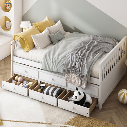 Full Size Wood Daybed Frame with Trundle Bed and 3 Storage Drawers, White