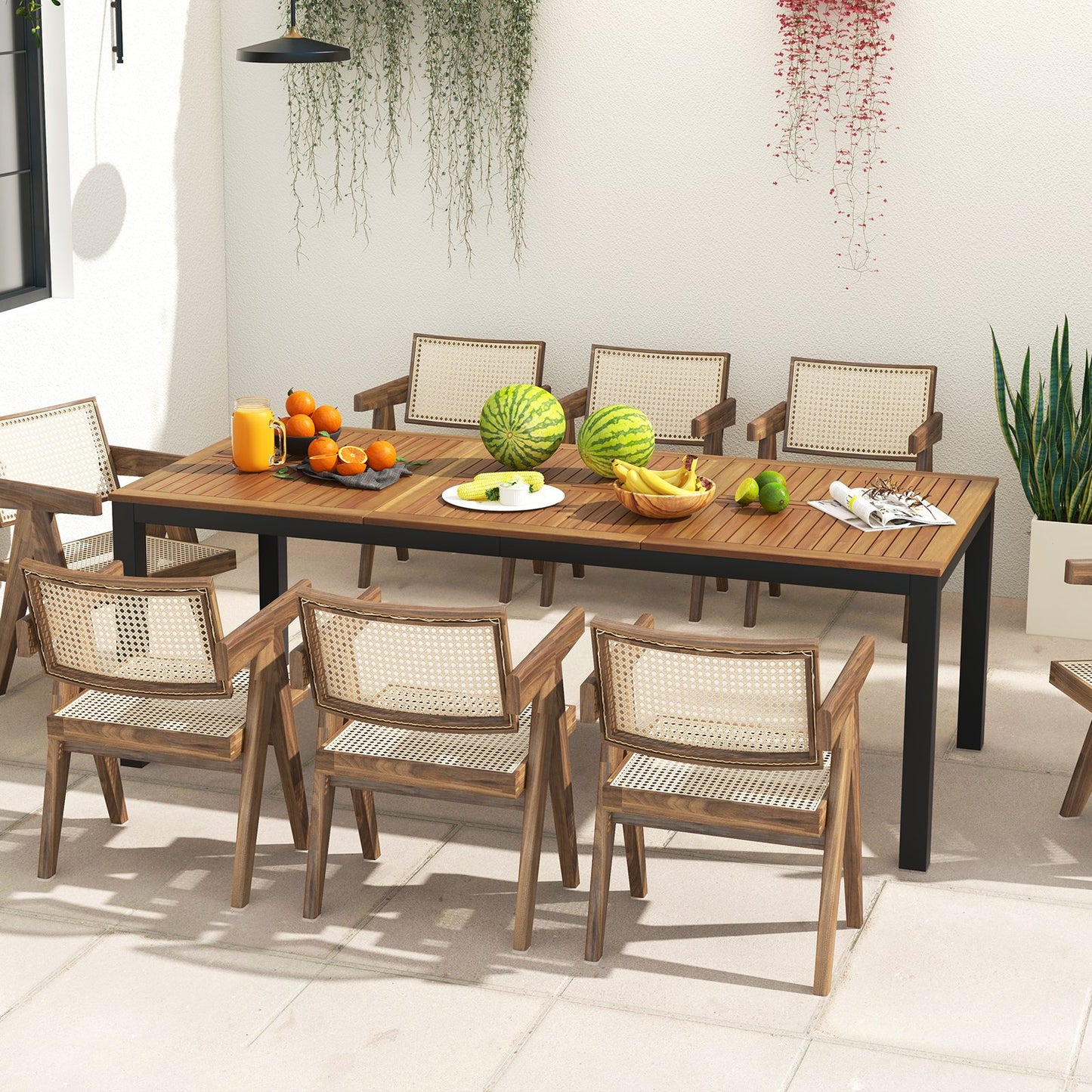 8-Person Outdoor Dining Table 79 Inch Acacia Wood Patio Table with Umbrella Hole, Natural