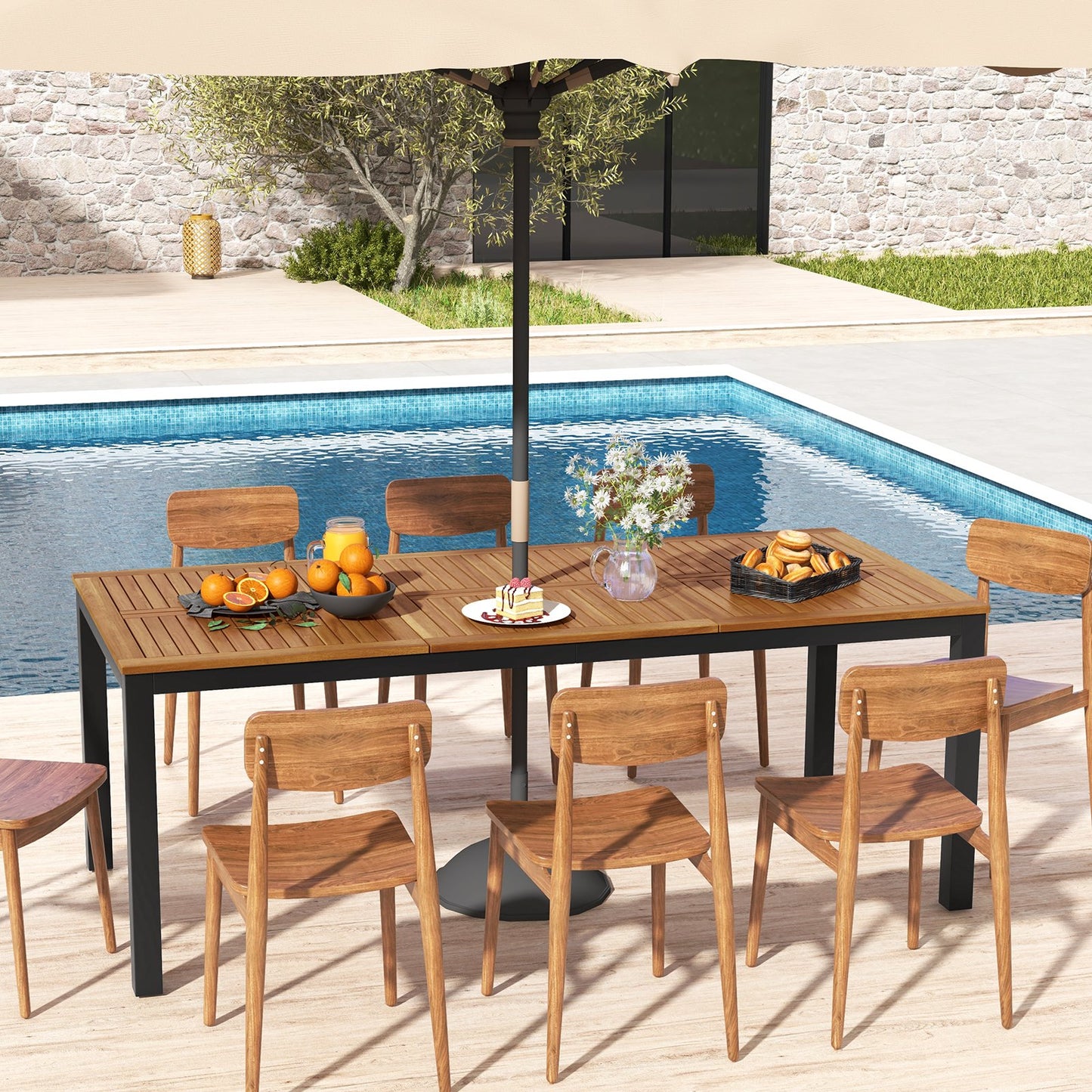 8-Person Outdoor Dining Table 79 Inch Acacia Wood Patio Table with Umbrella Hole, Natural