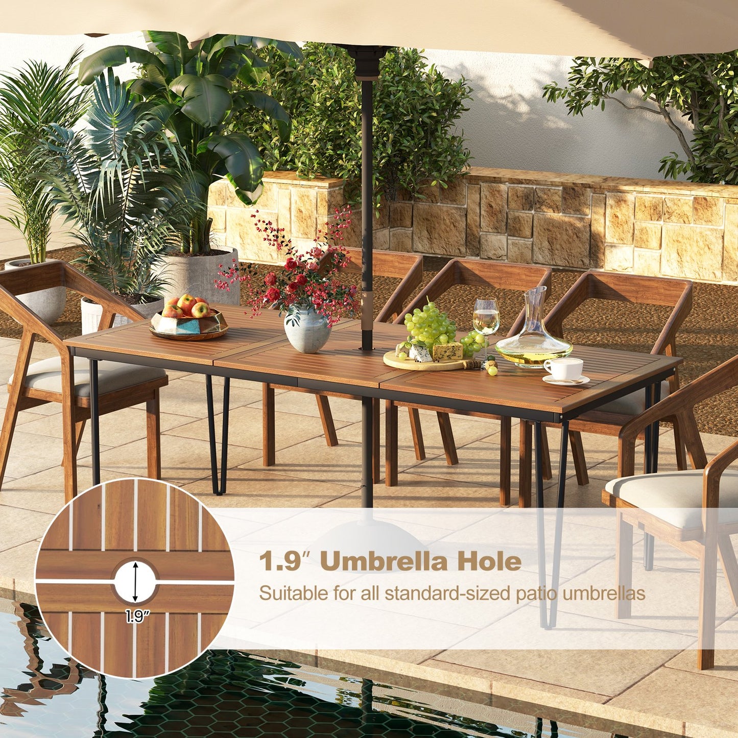 79 Inch 8-Person Outdoor Dining Table with 1.9 Inch Umbrella Hole, Natural