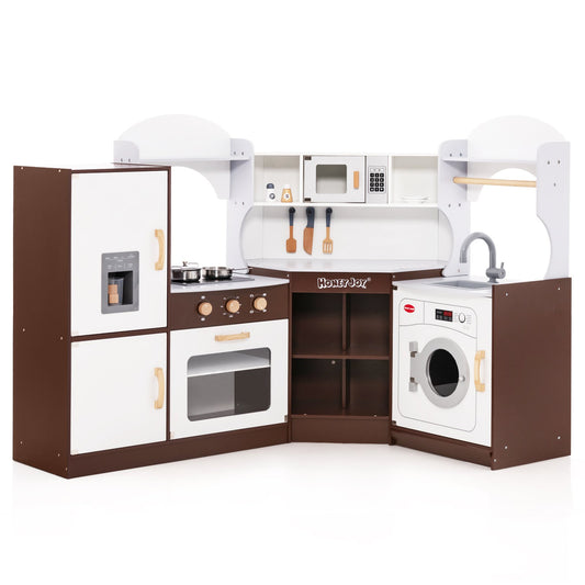 Toddler Kitchen Playset with Ice Maker Microwave Oven Sink and Washing Machine for Kids 3+ Years Old, Brown at Gallery Canada