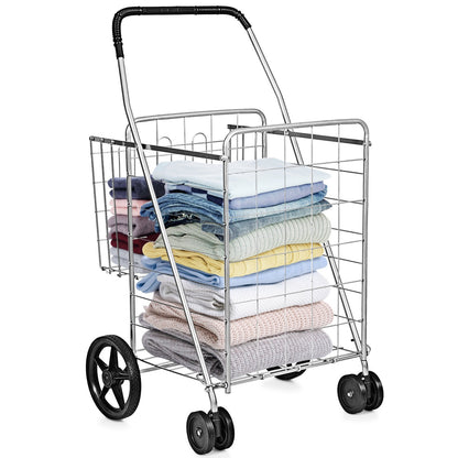 Folding Shopping Cart for Laundry with Swiveling Wheels and Dual Storage Baskets-Sliver, Silver