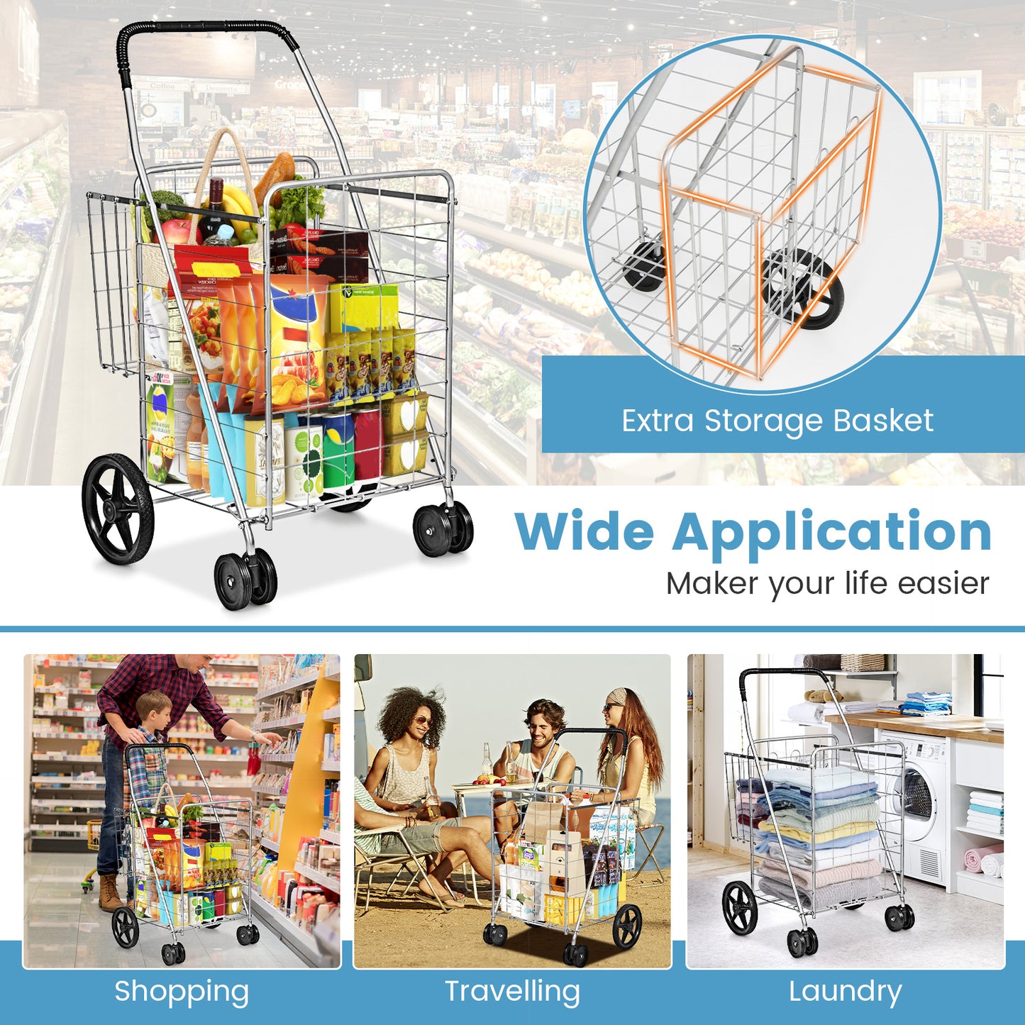 Folding Shopping Cart, Swivel Wheels, Dual Storage Baskets, Silver