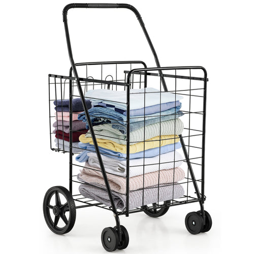 Folding Shopping Cart for Laundry with Swiveling Wheels and Dual Storage Baskets, Black