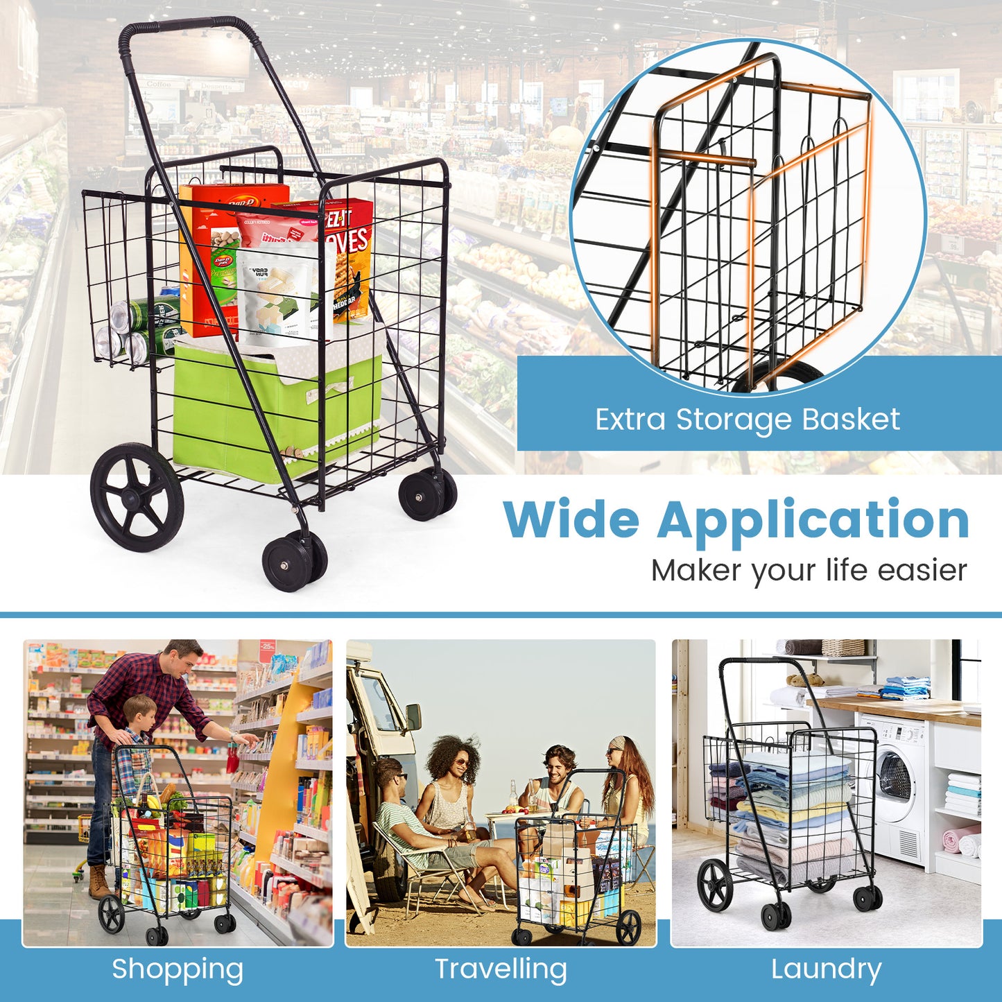 Folding Laundry Cart, Swivel Wheels, Dual Storage Baskets, Black Kitchen Tools at Gallery Canada