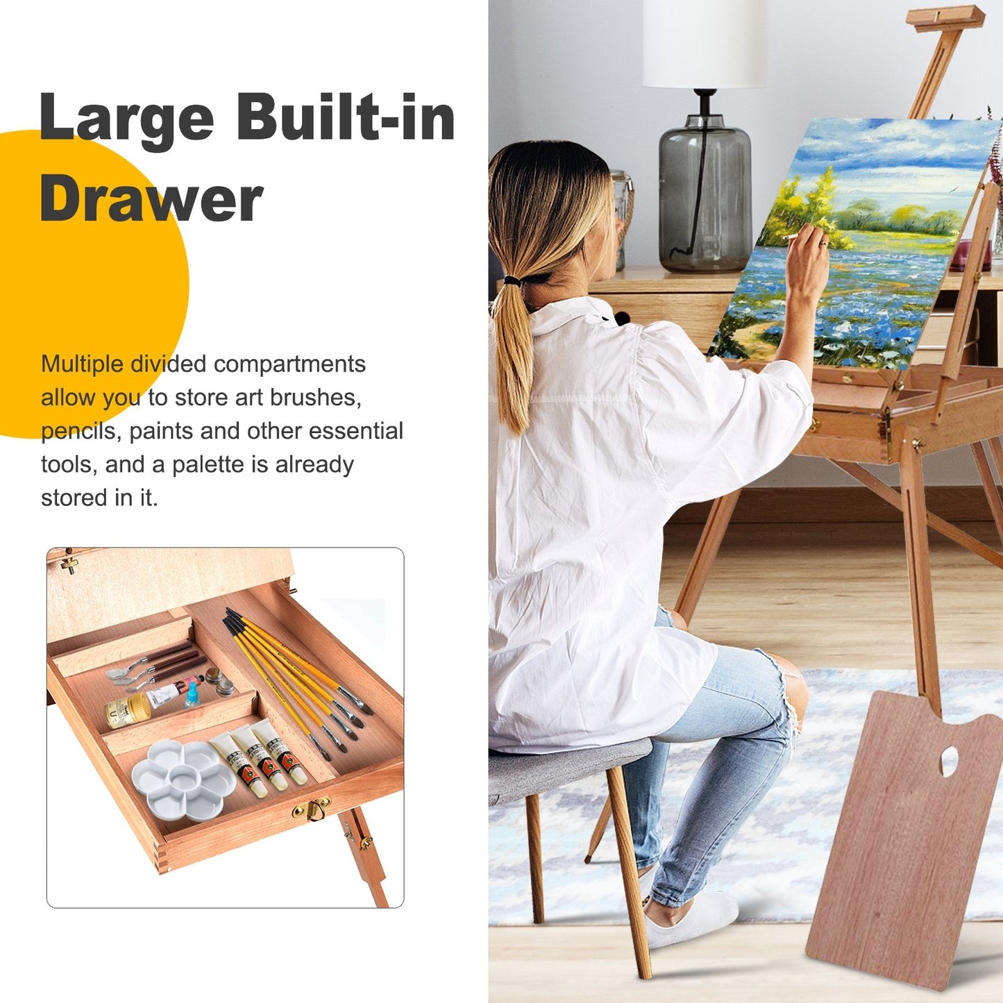 Tripod Folding French Wooden Easel with Sketch Box, Brown