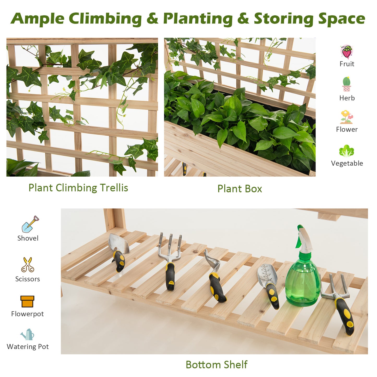 Wooden Raised Garden Bed with Wheels Trellis and Storage Shelf, Natural Greenhouses at Gallery Canada