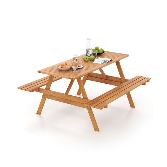 6 Person Picnic Table Set Patio Rectangle with 2 Built-in Benches and Umbrella Hole, Natural