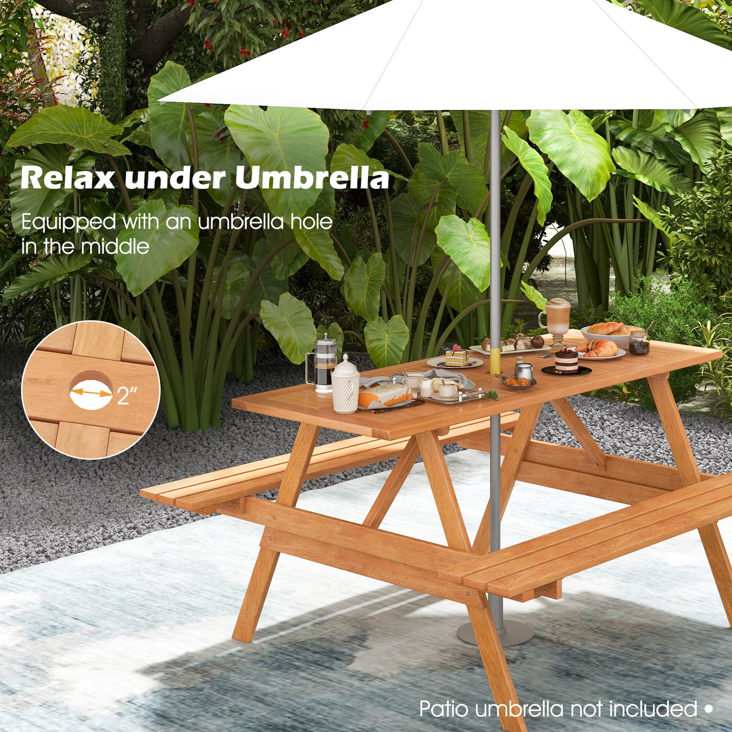 6 Person Picnic Table Set Patio Rectangle with 2 Built-in Benches and Umbrella Hole, Natural Picnic Tables at Gallery Canada