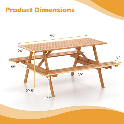 6 Person Picnic Table Set Patio Rectangle with 2 Built-in Benches and Umbrella Hole, Natural