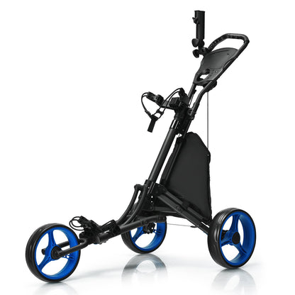 Folding 3 Wheels Golf Push Cart with Bag Scoreboard Adjustable Handle, Blue at Gallery Canada