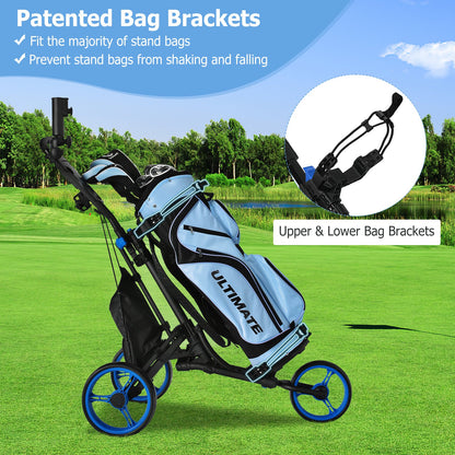 Folding 3 Wheels Golf Push Cart with Bag Scoreboard Adjustable Handle, Blue at Gallery Canada