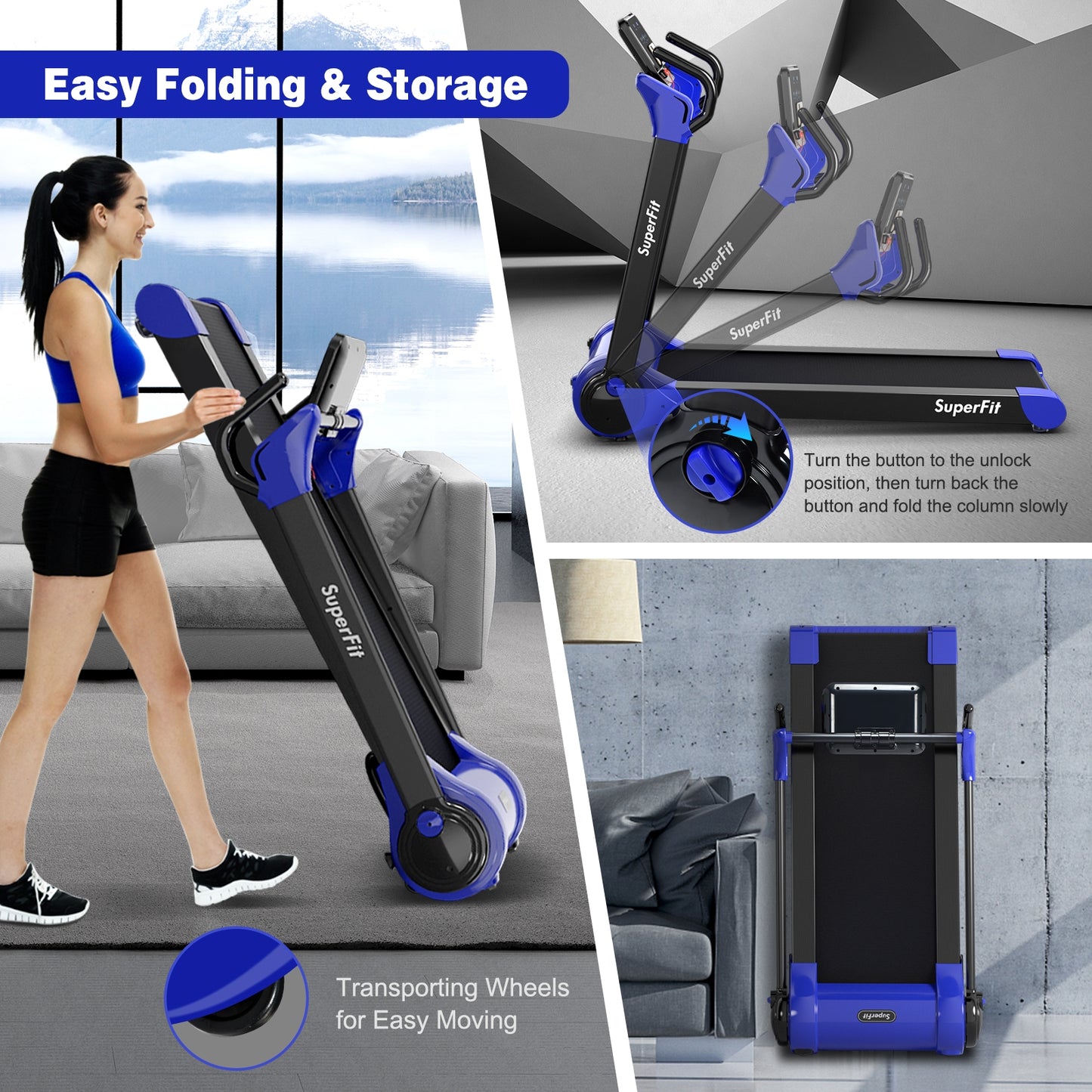 2.25 HP Folding Treadmill With LED Display, APP Control, Navy Treadmills at Gallery Canada