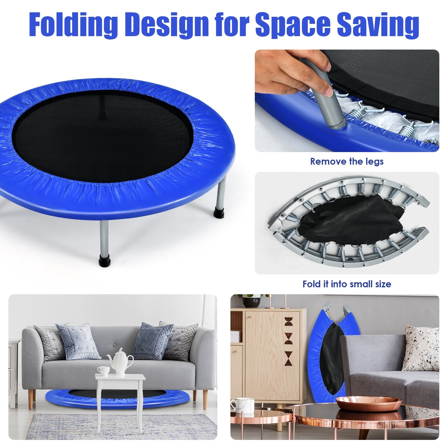 38 Inch Mini Folding Trampoline, Portable Fitness Backboard, Blue Trampolines at Gallery Canada