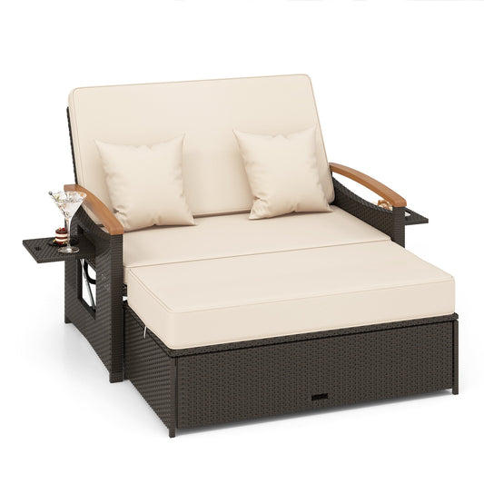 Outdoor Wicker Daybed with Folding Panels and Storage Ottoman, Beige